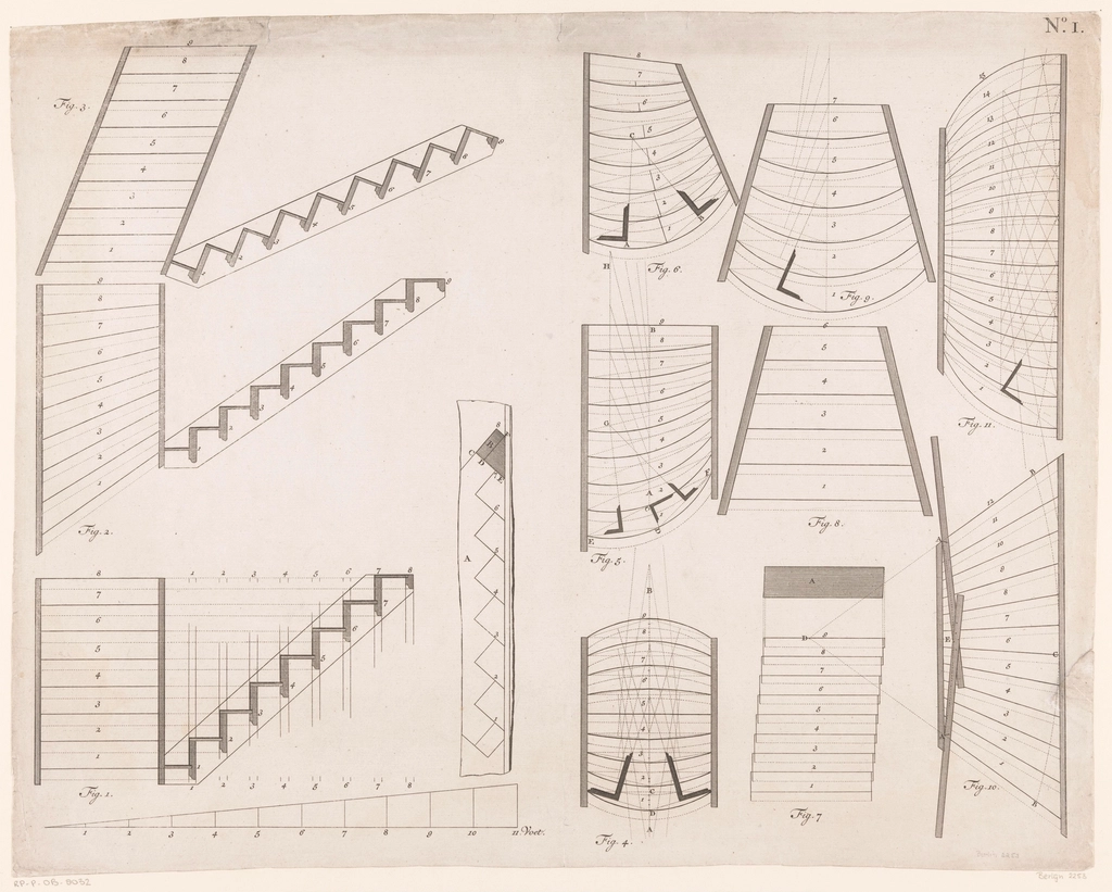 Eighteenth-century technical drawings of staircases in fine ink linework