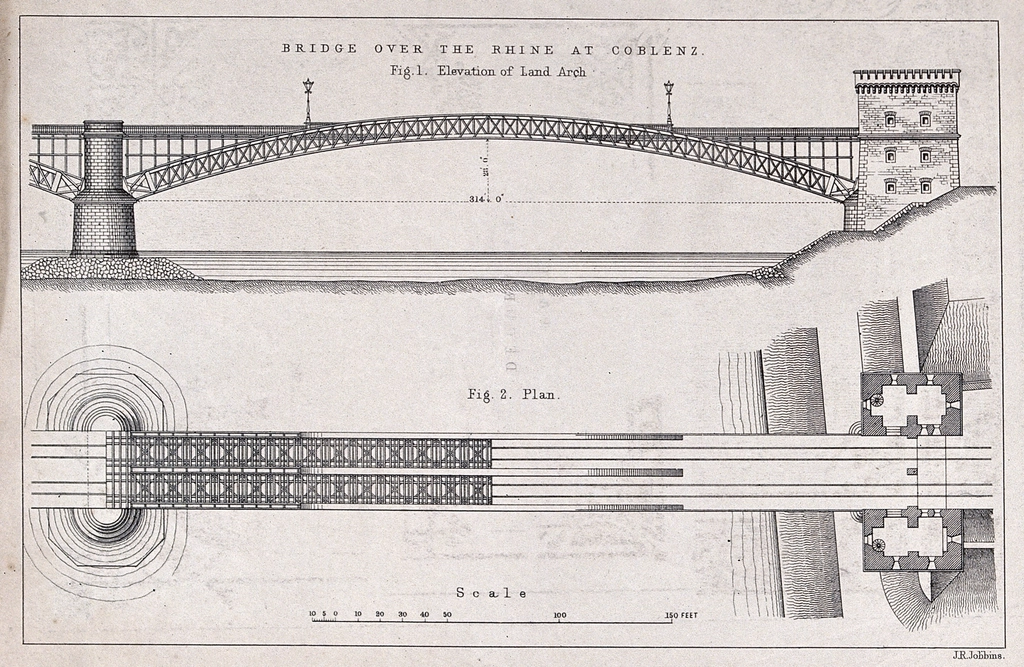 Nineteenth-century civil engineering plan and elevation of a bridge